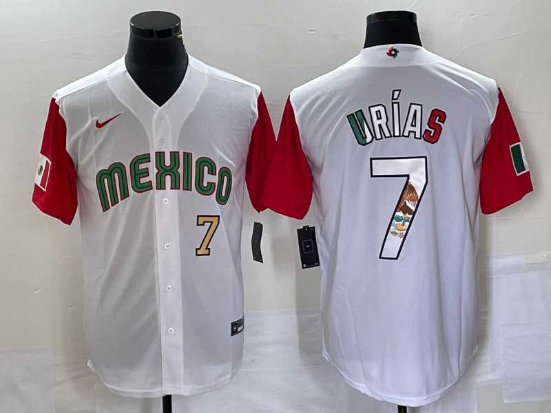 Men%27s Mexico Baseball #7 Julio Urias Number 2023 White Red World Classic Stitched Jersey11